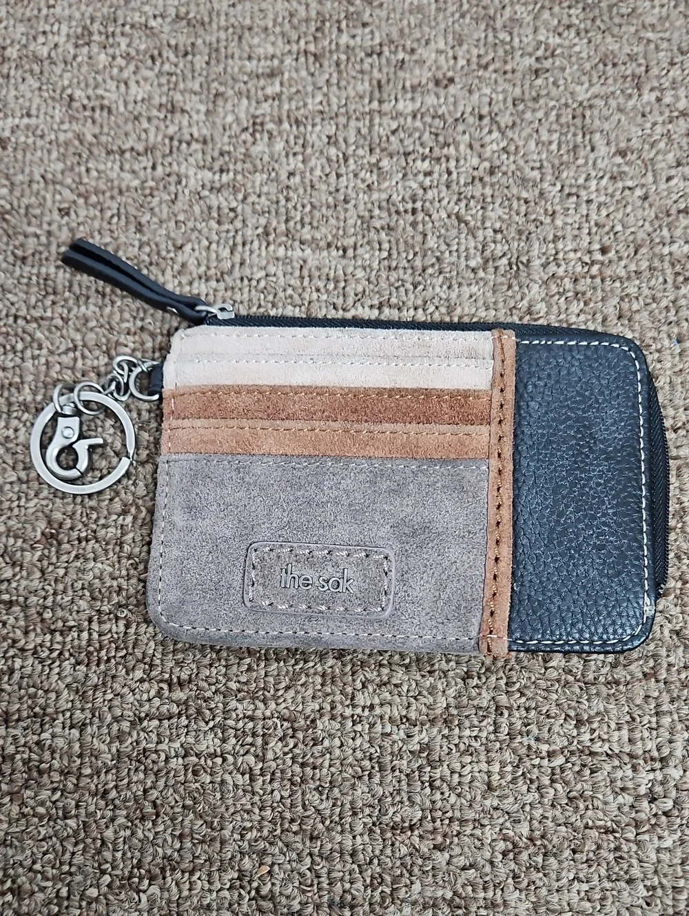 The Sak Iris Black Leather Colored Suede Card Wallet Holds 7 Cards Keychain